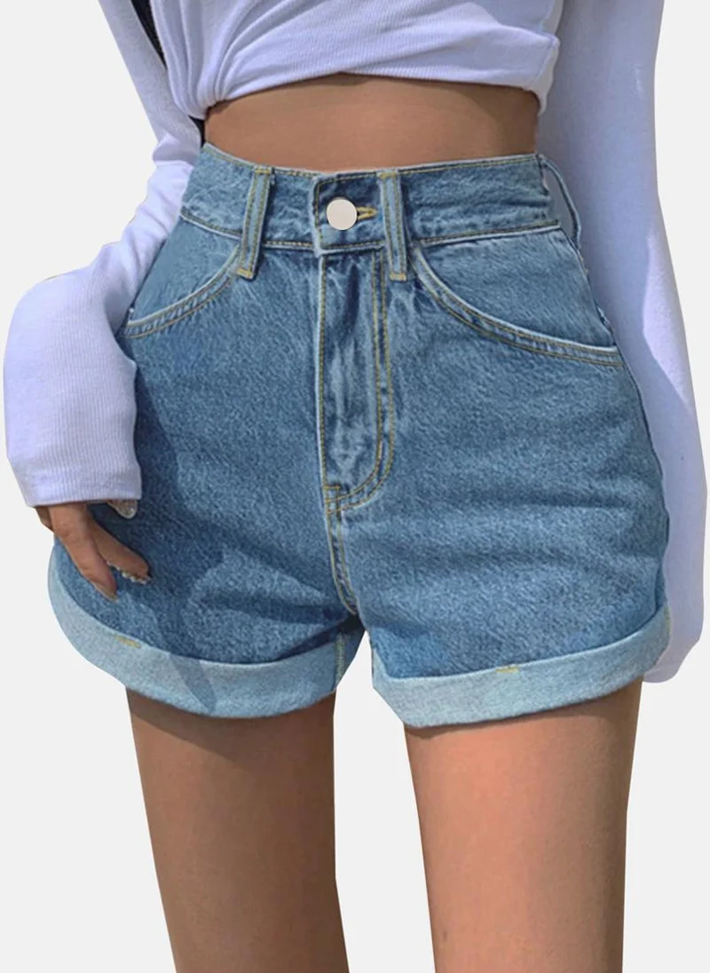 YUNIQEE Blue Slim Fit Solid Denim Shorts