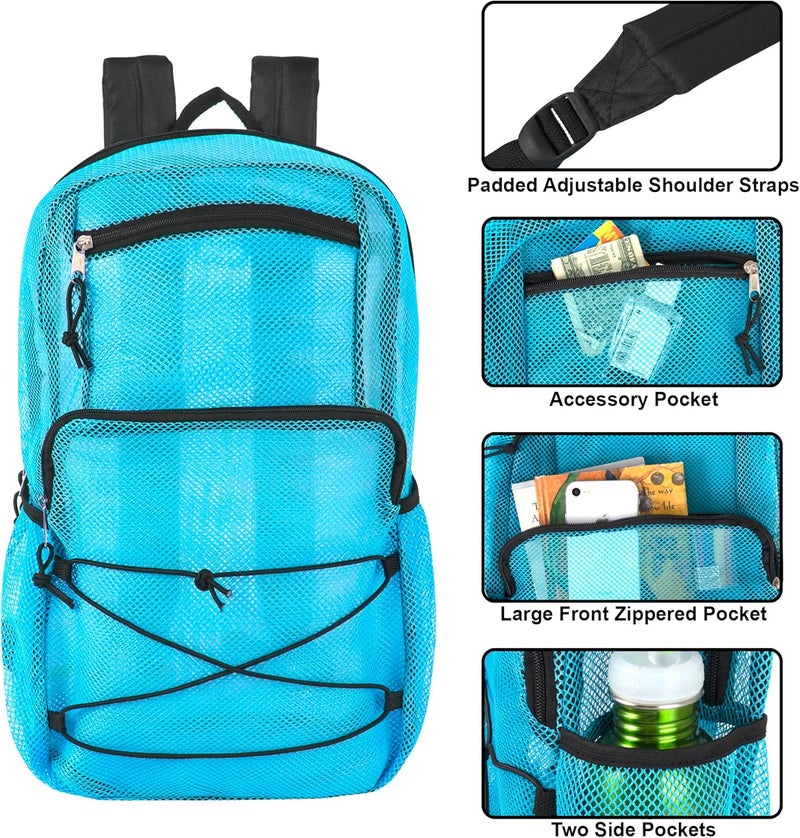 Trailmaker Deluxe See Through Mesh Backpack with Bungee Cord & Adjustable Padded Straps for Swimming, Travel (Aqua) - Image 2