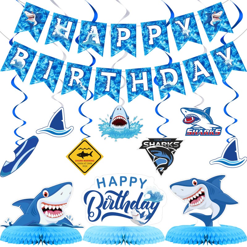 Fainne 28 Pieces Shark Party Supplies Set Includes 12 Hanging Swirls Shark Happy Birthday Banner 12 Hanging Cutouts 3 Birthday Honeycomb Centerpiece for Party Decorations - Image 2