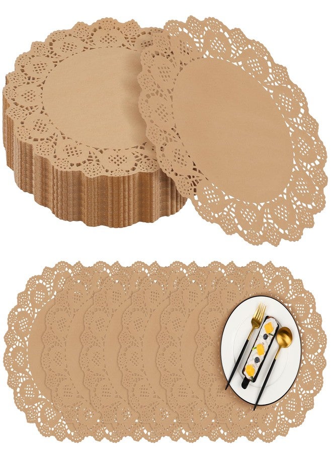 MCEAST 300 Pack Round Brown Kraft Paper Doilies 13.5 Inches Lace Paper Place Mats Rustic Scallop Doily Disposable Paper Table Pads for Food Cakes Crafts Party Weddings Tableware Decor - Image 1