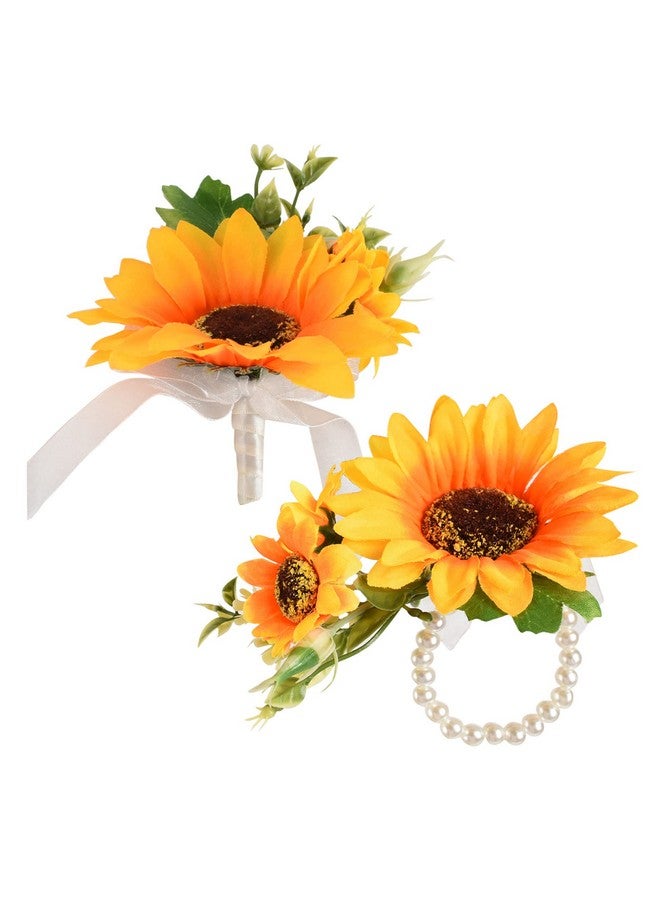 VIOCIWUO Artificial Sunflower Boutonniere Bride And Groom Sunflower Wrist Corsage Set For Formal Parties And Weddings (1Pcs Bride Wrist Flower And 1Pcs Groom Corsage) - Image 2