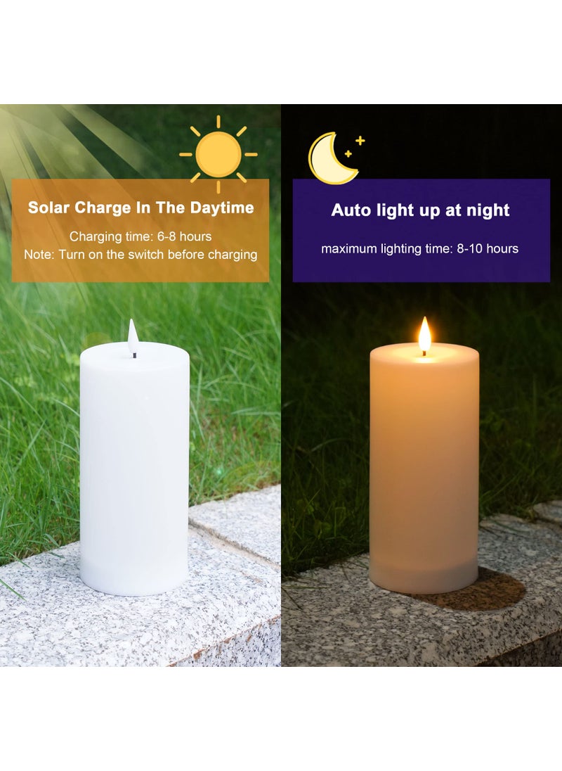 VIODAIM VIODAIM Solar Candles Outdoor Waterproof: Flameless Flickering Pillar LED Candles Set of 3 Dusk to Dawn Rechargeable Sensor Lights 3x4/5/6 Inch White  - Image 2
