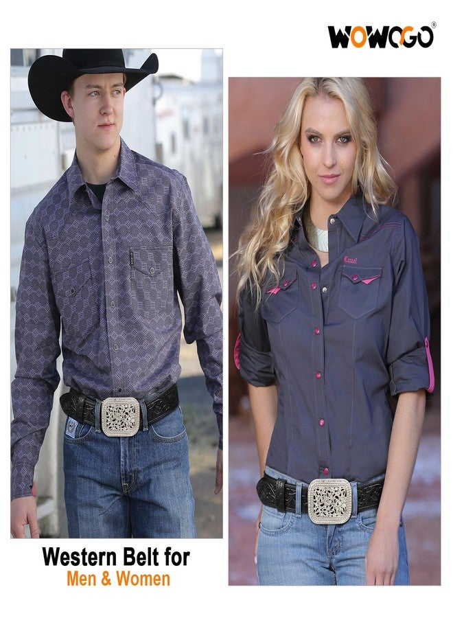 WOWOGO Women Men Western Genuine Leather Belt Cowgirl Cowboy Floral Engraved Tooled Belt Strap Embossed Scrollwork Buckle - Image 2