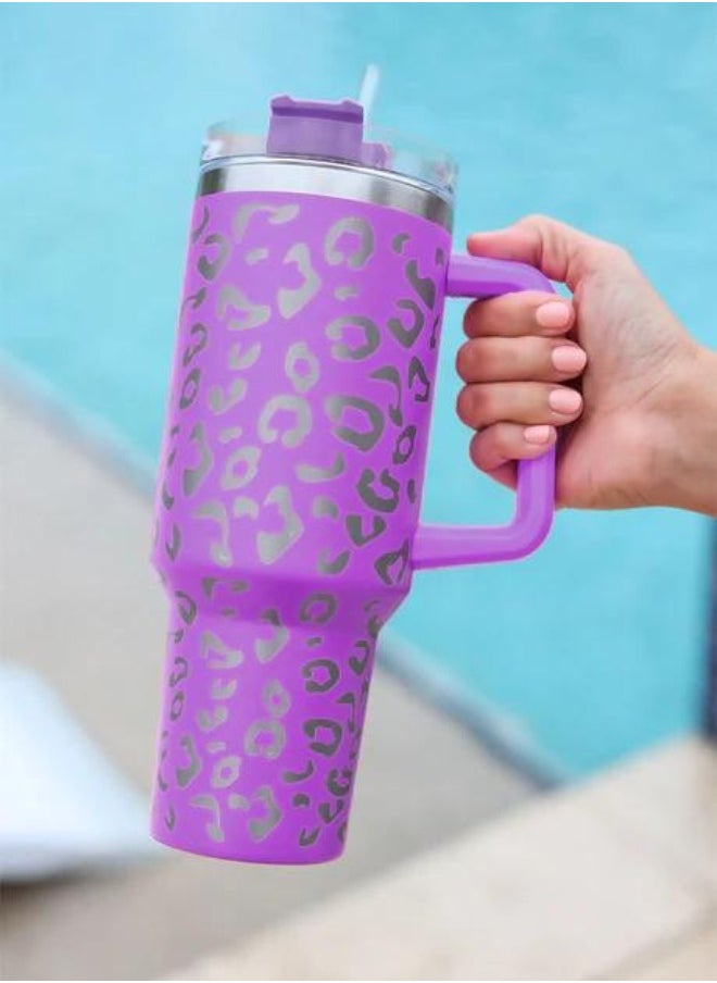 Executive LLC 40 oz Tumbler with Handle Leopard Stainless Steel Thermos Mug Coffee Cup Outdoor Car Mug Sports Travel Stainless Steel Tumbler (Purple)  - Image 3