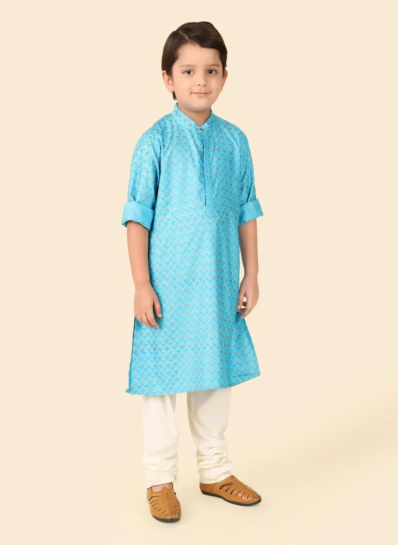 Fabindia Blue Viscose Silk Hand Block Printed Long Kurta