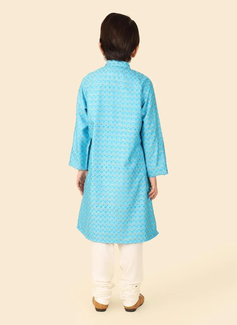Fabindia Blue Viscose Silk Hand Block Printed Long Kurta