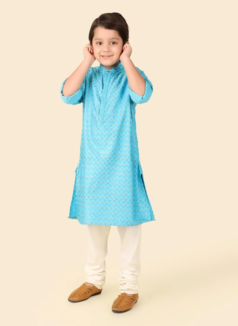 Fabindia Blue Viscose Silk Hand Block Printed Long Kurta