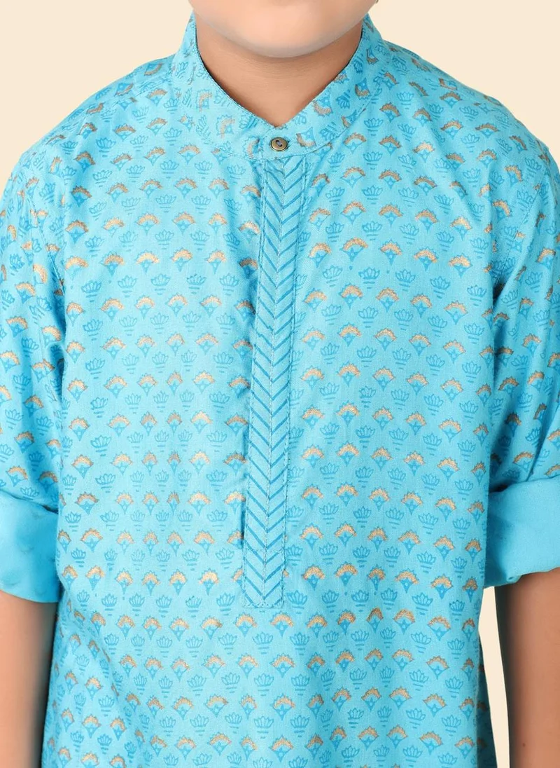 Fabindia Blue Viscose Silk Hand Block Printed Long Kurta