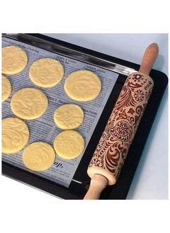 Manual dough roller, rolling pin, carved wood, 33 x 4 cm