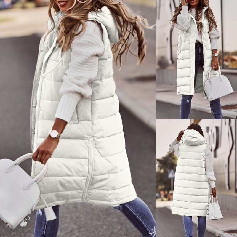 Explosions Wish Solid Color Hooded Single-Breasted Mid-Length Cotton-Padded Jacket Vest Slim-Fit Temperament Cardigan Coat Top - Image 2