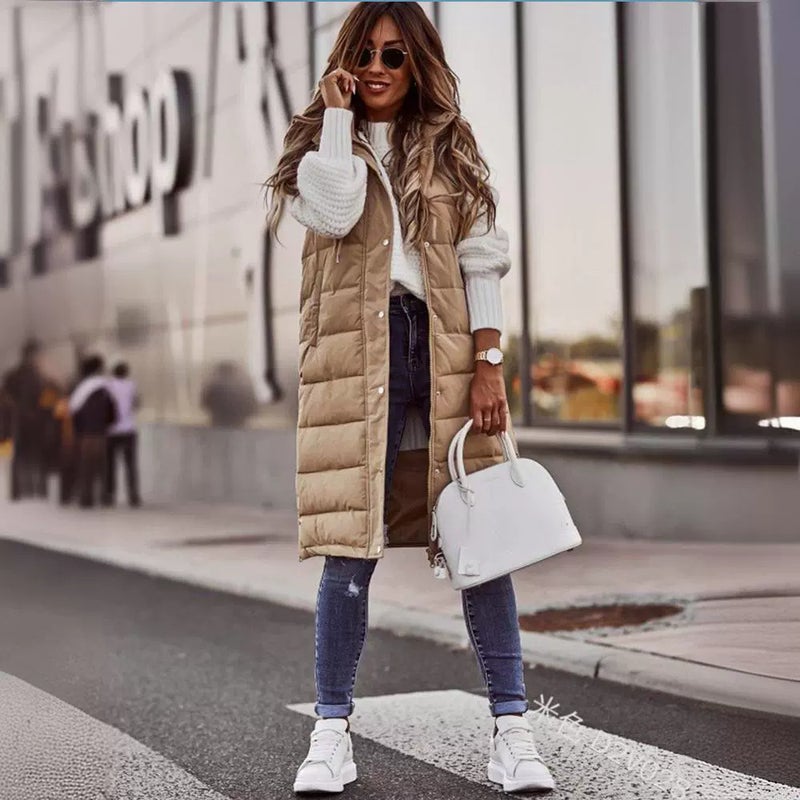 Explosions Wish Solid Color Hooded Single-Breasted Mid-Length Cotton-Padded Jacket Vest Slim-Fit Temperament Cardigan Coat Top - Image 3