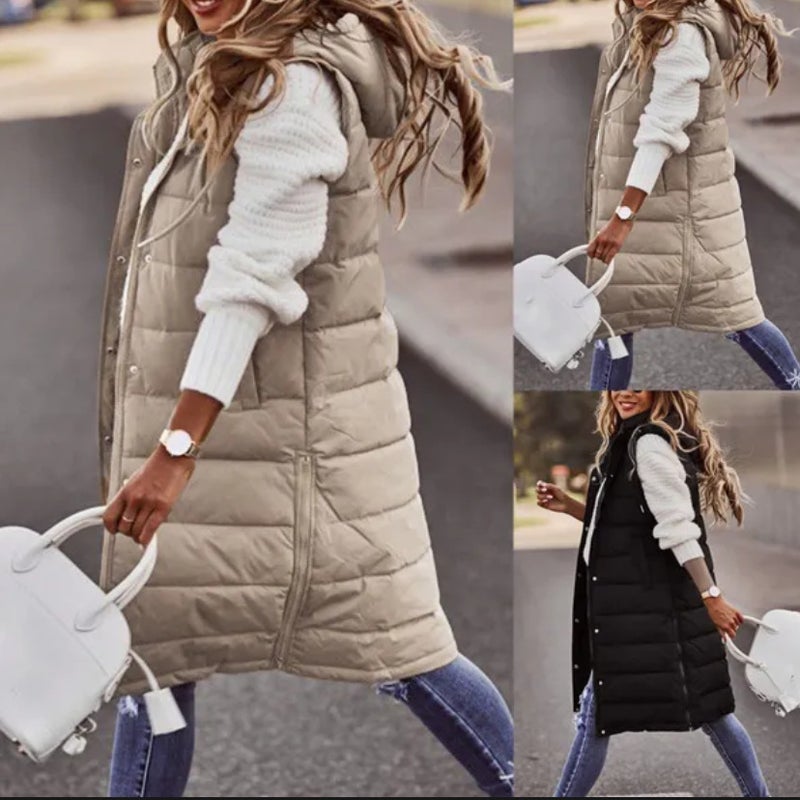 Explosions Wish Solid Color Hooded Single-Breasted Mid-Length Cotton-Padded Jacket Vest Slim-Fit Temperament Cardigan Coat Top - Image 1