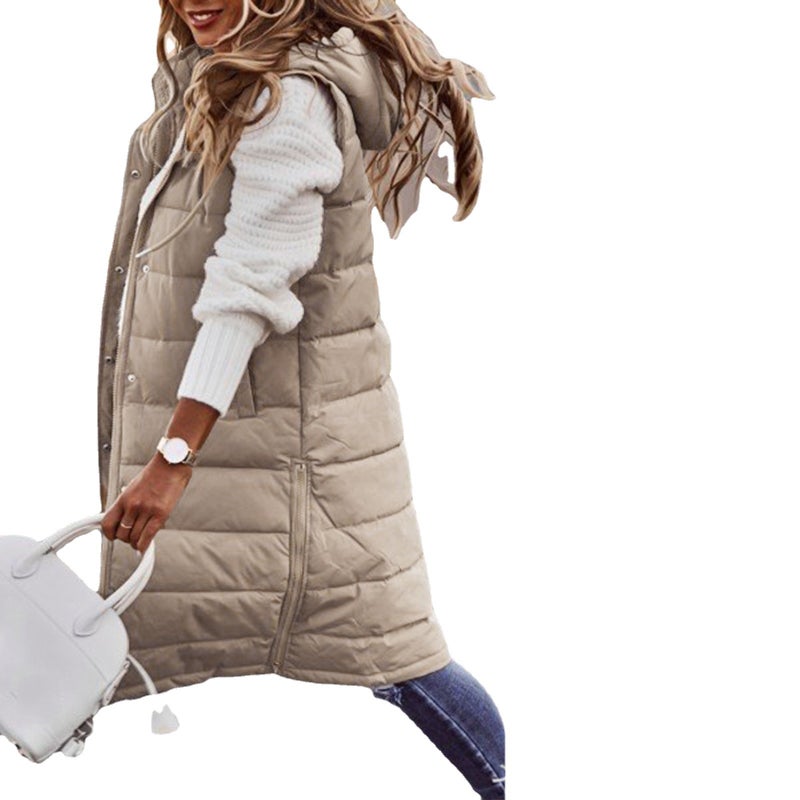 Explosions Wish Solid Color Hooded Single-Breasted Mid-Length Cotton-Padded Jacket Vest Slim-Fit Temperament Cardigan Coat Top - Image 5