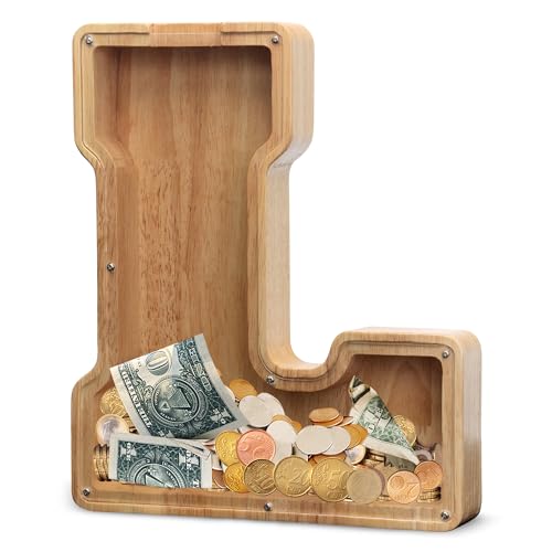 AORCMITN Extra Large Wooden Letter Coin Piggy Bank for Boys Girls Kids Toddler Alphabet L Money Bank InitialL12 - Image 1