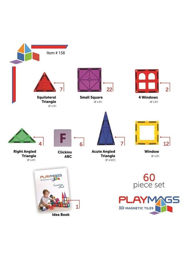 Playmags Magnetic Tiles For Kids 60 Pc Magnet Blocks With Abc Click Ins Stem Development Building Toys For Boys Girls & Toddlers - Image 3