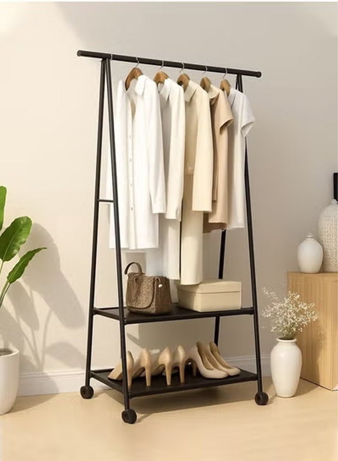 Taimi Garment Stand Coat Hanging Rack A Shape Hanger with 2 Bottom Shelves Multipurpose Clothes Closet Shoes  Pot Holding Standing Shelf Black / 160 x 55 x 42cm - Image 1