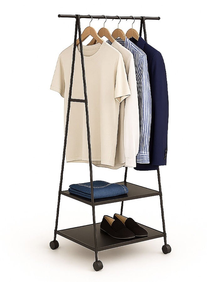 Taimi Garment Stand Coat Hanging Rack A Shape Hanger with 2 Bottom Shelves Multipurpose Clothes Closet Shoes  Pot Holding Standing Shelf Black / 160 x 55 x 42cm - Image 2