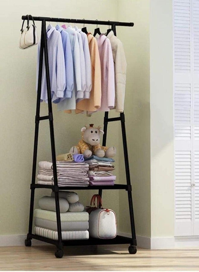 Taimi Garment Stand Coat Hanging Rack A Shape Hanger with 2 Bottom Shelves Multipurpose Clothes Closet Shoes  Pot Holding Standing Shelf Black / 160 x 55 x 42cm - Image 3