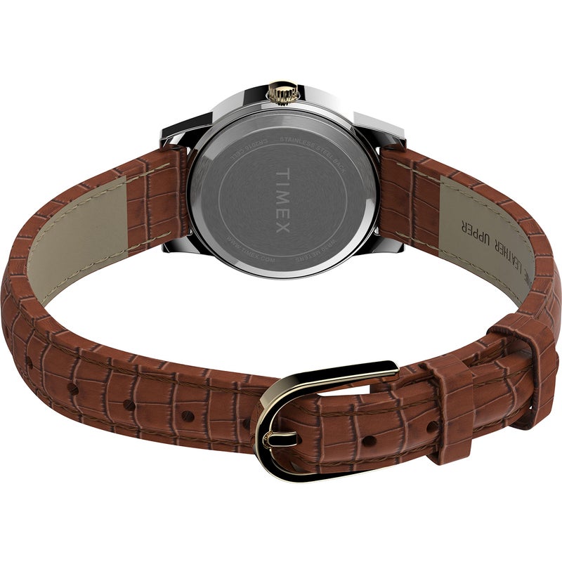TIMEX ساعة تيمكس النسائية إسيكس أفينيو 25 مم - علبة ثنائية اللون بقرص أبيض مع حزام جلد بني - Image 2