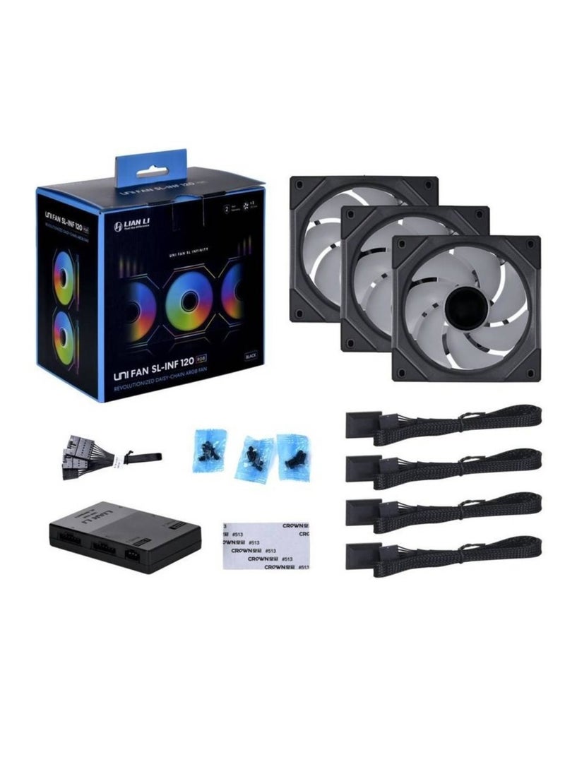 LIAN LI - مروحة Lian Li SL-Infinity 120 RGB Uni، تصميم مرآة لا متناهية، إضاءة RGB قابلة للتخصيص، 3 مراوح PWM مقاس 120 مم، سرعة المروحة 2100 دورة في الدقيقة، تدفق هواء 61.3 CFM، حزمة ثلاثية مع وحدة تحكم، أسود | G99.12SLIN3B.00 - Image 1