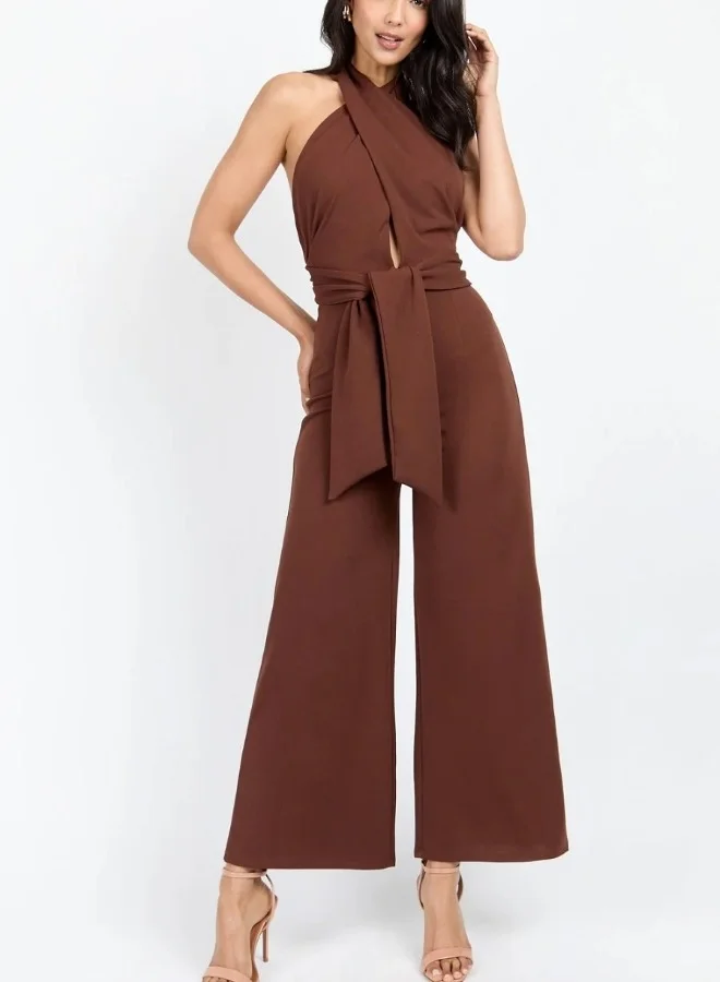 Chocolate Brown Bow Back Halter Jumpsuit