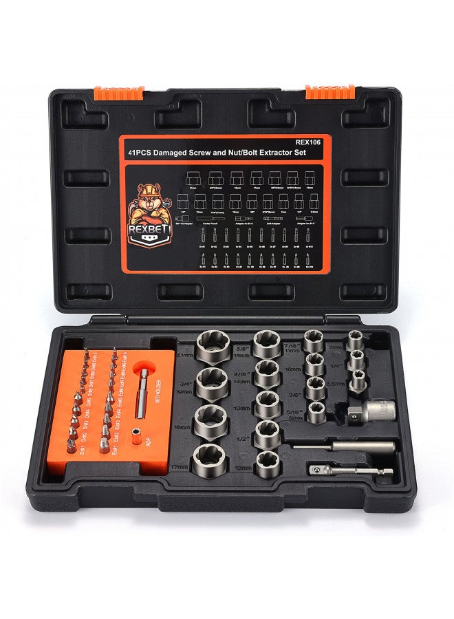 REXBETI REXBETI 41-Piece Impact Bolt Extractor Screw Extractor Set and Stripped Screw Remover, Case with 16-Piece Bolt Extractor, 10-Piece HSS Drill Bit, 10-Piece Spiral Screw Extractor and 4 Piece Adapter  - Image 1