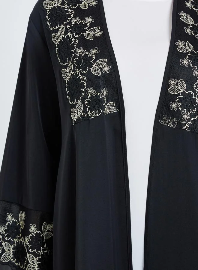 Amirah  Women Embellished Black Kimono Abaya with Inner Dress Set for Women | Best Price UAE