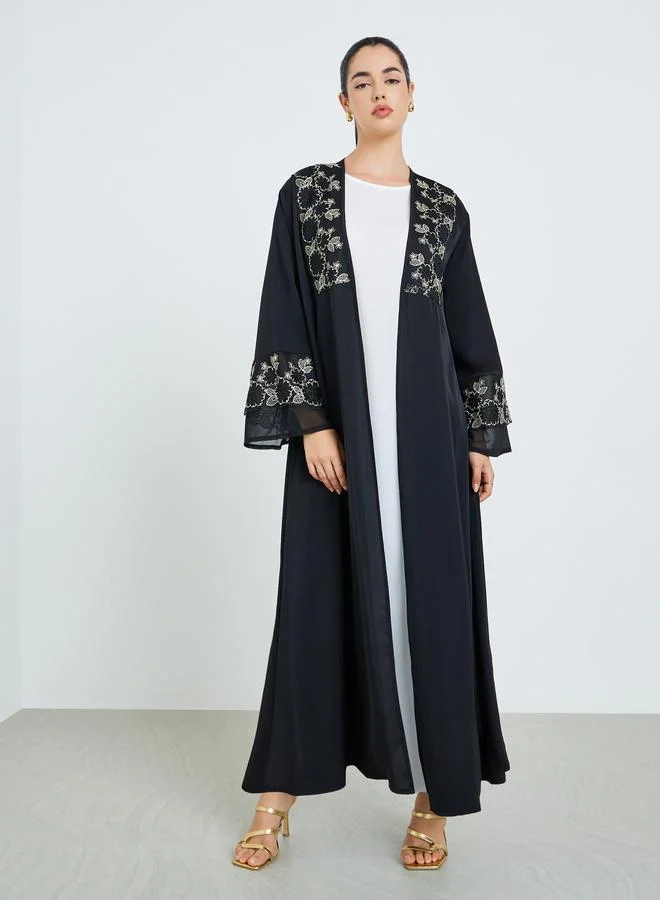 Amirah Women Embellished Black Kimono Abaya with Inner Dress Set