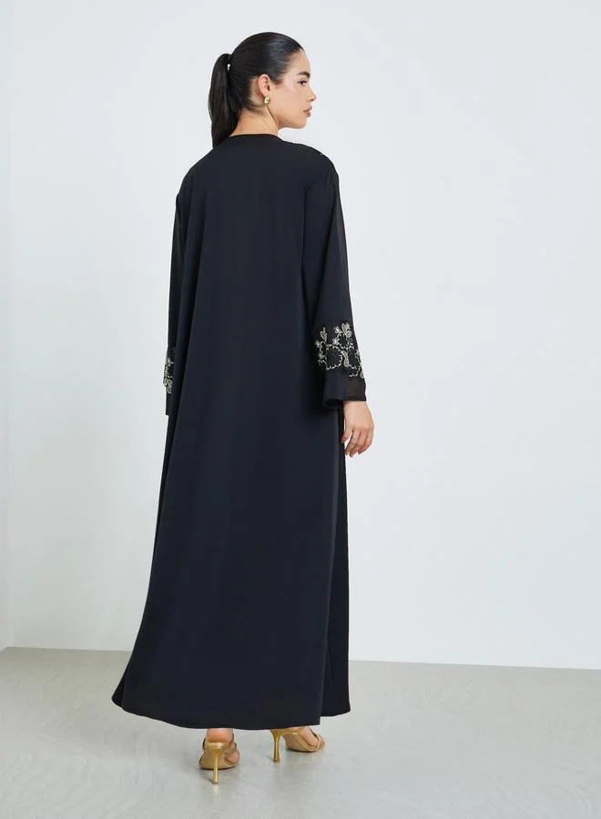 Amirah  Women Embellished Black Kimono Abaya with Inner Dress Set for Women | Best Price UAE