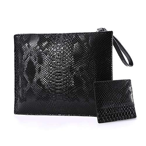 NIGEDU Women Clutches Fashion Snakeskin PU Leather Party Envelope Purse Bag with Hand Strap (Black) - Image 1