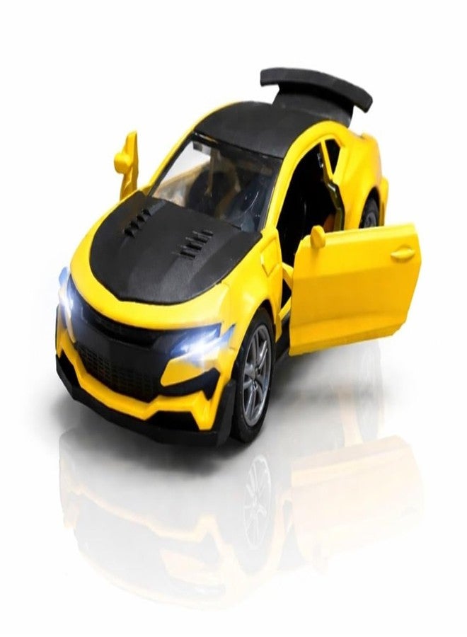 SQUIDSY Chevrolet Camaro Toy Car 1:36 Scale Diecast Metal Pull Back Vehicle with Openable Doors, Lights & Music – Sports Model for Kids, Boys & Collectors (Yellow) - Image 1