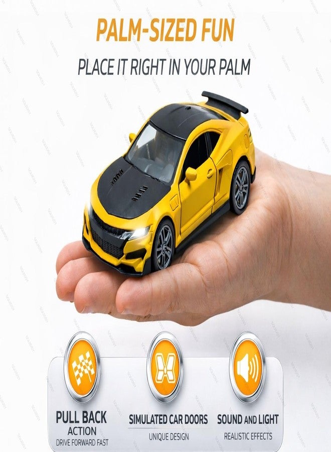 SQUIDSY Chevrolet Camaro Toy Car 1:36 Scale Diecast Metal Pull Back Vehicle with Openable Doors, Lights & Music – Sports Model for Kids, Boys & Collectors (Yellow) - Image 3