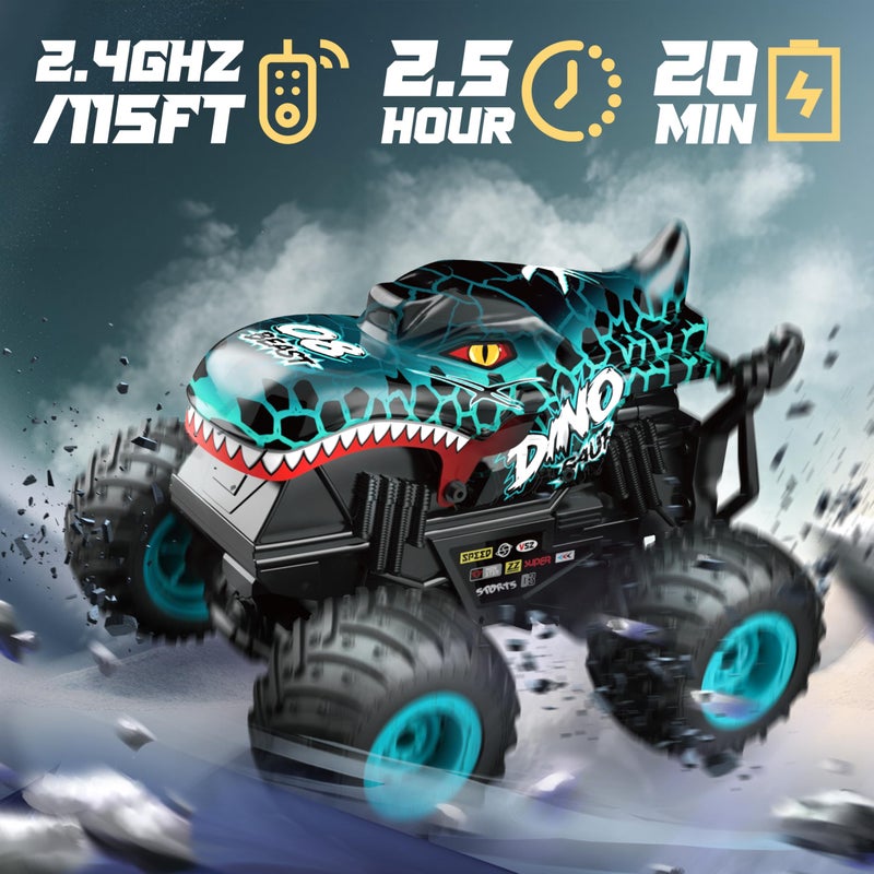 Bezgar Monster Truck Toys - Remote Control Monster Truck With Light & Music  Dinosaur Toys For Kids  1:20 Scale Rc Truck With 360 Spins And Drifting  Remote Control Car For Boys 4-7 Blue - Image 2