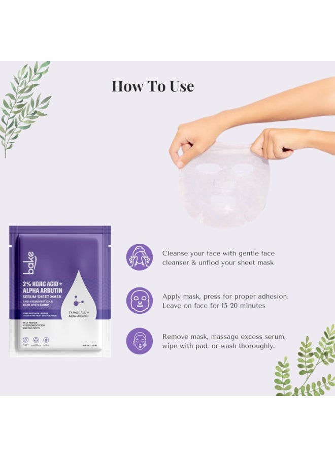 BAKE 2% Kojic Acid + Alpha Arbutin Serum Sheet Mask for Glowing Skin, Dark Circles, Spots & Pigmentation, Tan Removal | Paraben Free, 100% Biodegradable (20.00 g, Kojic Acid) - Image 2