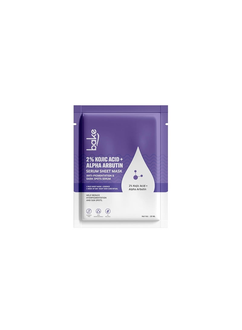 BAKE 2% Kojic Acid + Alpha Arbutin Serum Sheet Mask for Glowing Skin, Dark Circles, Spots & Pigmentation, Tan Removal | Paraben Free, 100% Biodegradable (20.00 g, Kojic Acid) - Image 1