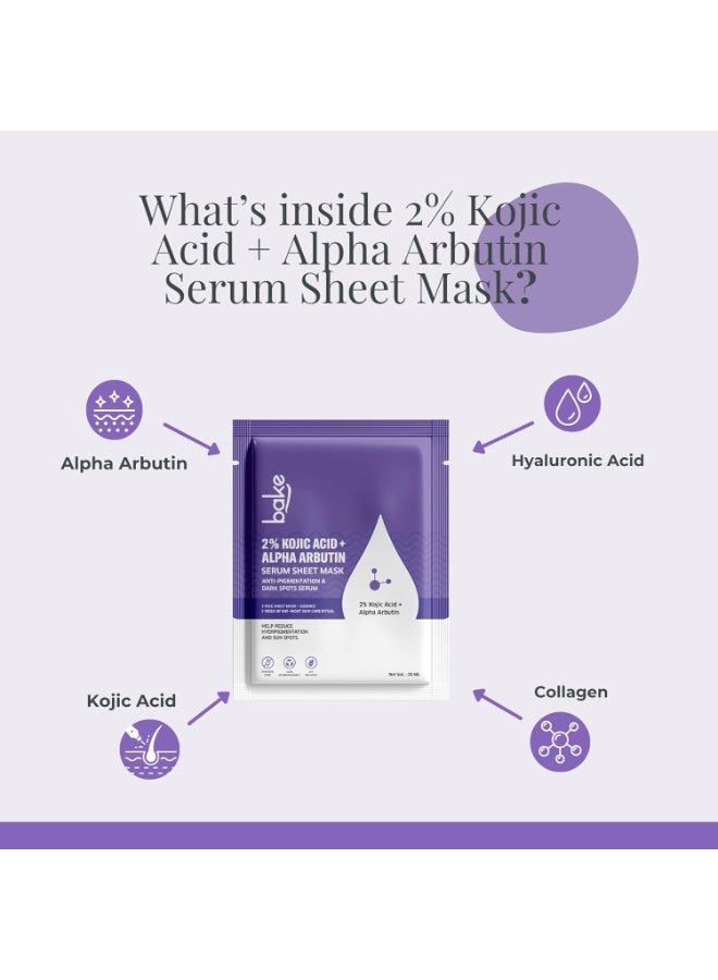 BAKE 2% Kojic Acid + Alpha Arbutin Serum Sheet Mask for Glowing Skin, Dark Circles, Spots & Pigmentation, Tan Removal | Paraben Free, 100% Biodegradable (20.00 g, Kojic Acid) - Image 3