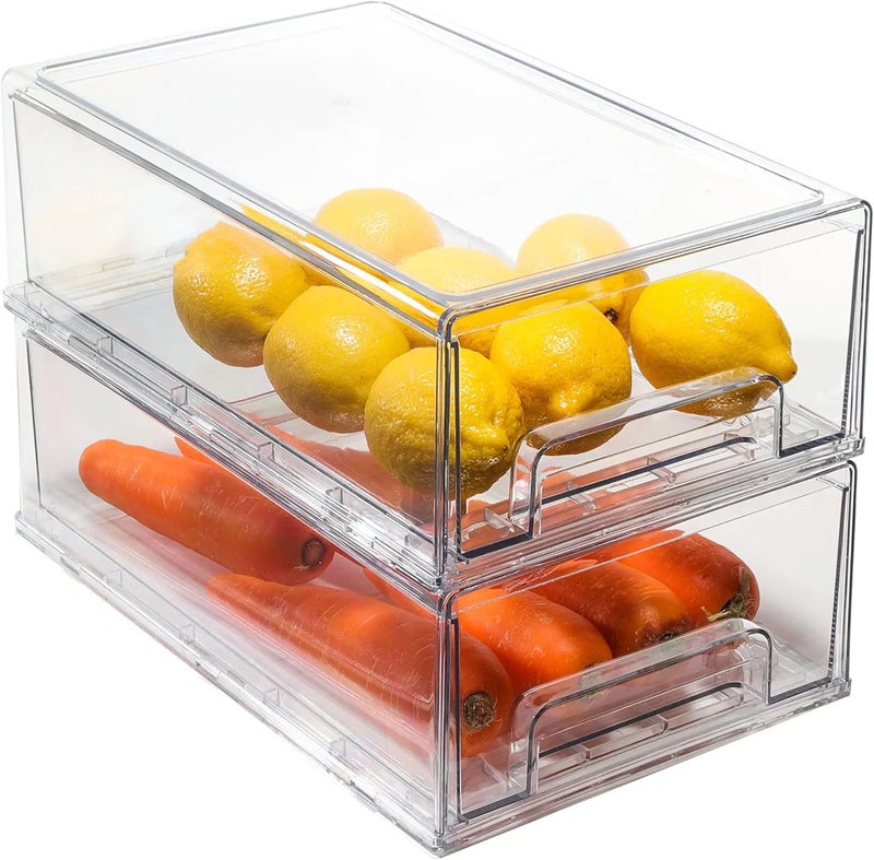 MANO 2Pack Clear Fridge Drawers Pull Out Stackable Refrigerator Drawer Organizer Bins Pantry Storage Box Plastic Food Containers for Kitchen Bathroom Office Closet (Large-2pack) - Image 1