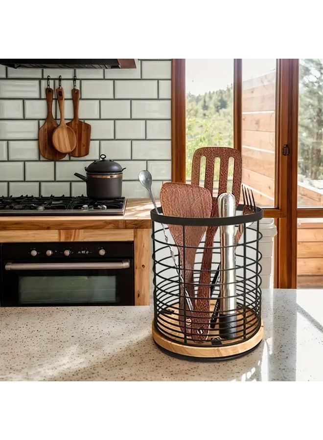 Black Rotating Cutlery Storage Rack With Wooden Base Space Saving Kitchen Organizer - Image 1