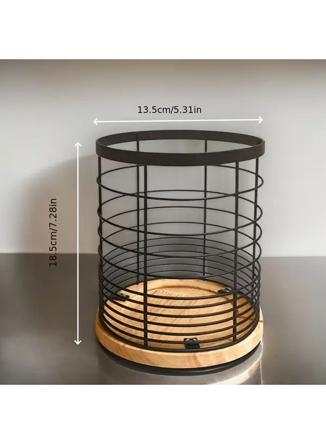 Black Rotating Cutlery Storage Rack With Wooden Base Space Saving Kitchen Organizer - Image 3