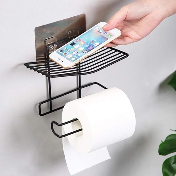 GETZET Tissue Paper Roll, Mobile Phone Holder, Multifunctional Shelf Adhesive Tissue Roll Towel Storage Rack Dispenser Hanger Organizer Bathroom Metal Stand - Black. - Image 1