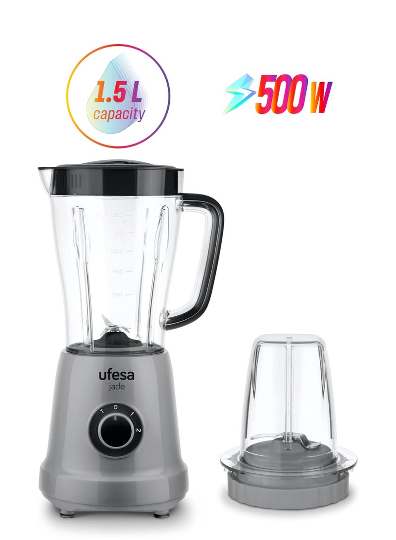 Ufesa Bs4709 Jade Glass Blender + Spice Grinder Attachment, 500W, 1.5L Pitcher, 2 Speeds + Turbo, 4 Stainless Steel Blades, Bpa Free. - Image 1