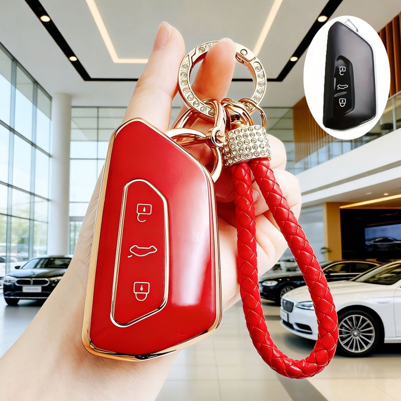 غطاء ذكي بمفتاح 3 أزرار مع سلسلة مفاتيح لجولف 8 Mk8 وID3 وID4 وID6 وسكودا أوكتافيا A8 وليون Mk4 وكوبرا فورمينتور وتاراكو، أحمر ناعم من مادة TPU، غطاء مفتاح سيارة لمنع التآكل وحافظة واقية. - Image 1