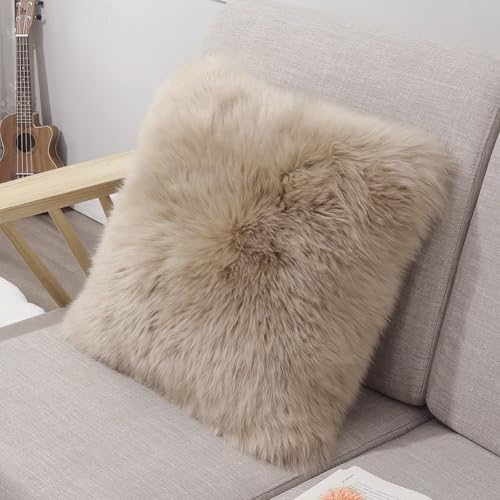LLB Genuine Sheepskin Throw Pillow Covers Fluffy Decorative Square Couch Pillow Covers 18x18 Pillowcase for Sofa Bedroom Living Room No Pillow Insert Long Wool Cream Brown 18x18 Inch Pack of 1 - Image 1
