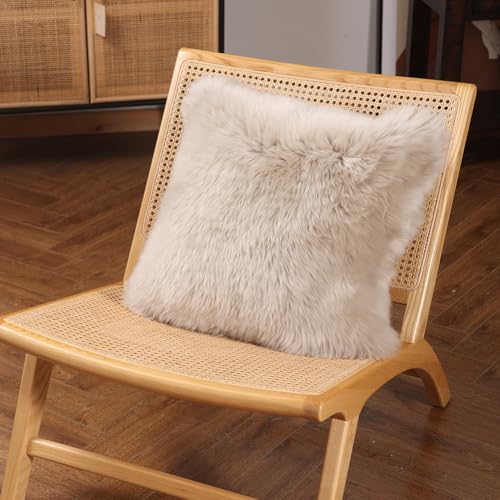 LLB Genuine Sheepskin Throw Pillow Covers Fluffy Decorative Square Couch Pillow Covers 18x18 Pillowcase for Sofa Bedroom Living Room No Pillow Insert Long Wool Cream Brown 18x18 Inch Pack of 1 - Image 3