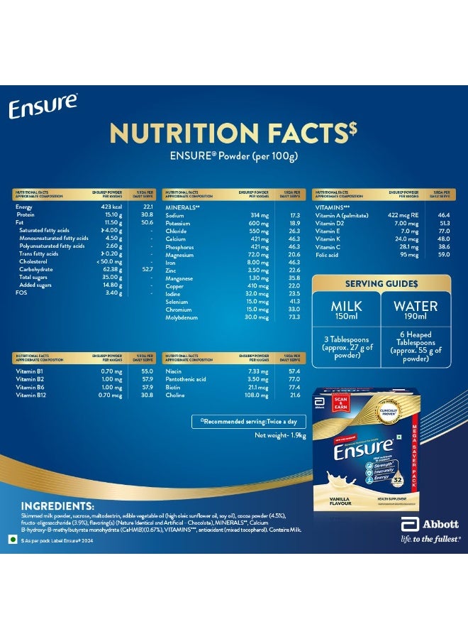 Ensure No 1 Nutritional Supplement Drink in the world 32 nutrients High Protein,Calcium,Vit D, Vanilla 1.9kg - Image 4