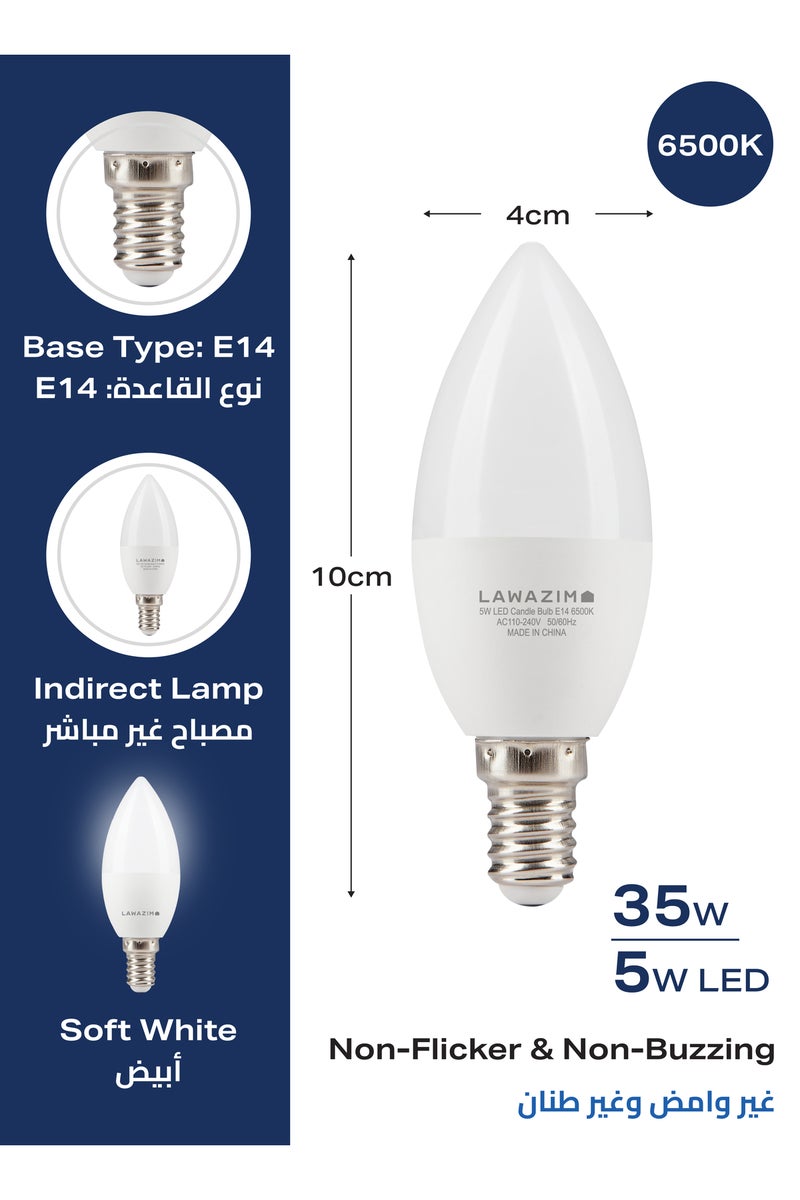 LED Candle Bulb C37 E14 5W - 6 Pack 6500K Daylight Energy Saving Non Dimmable 400 Lumens - Image 2