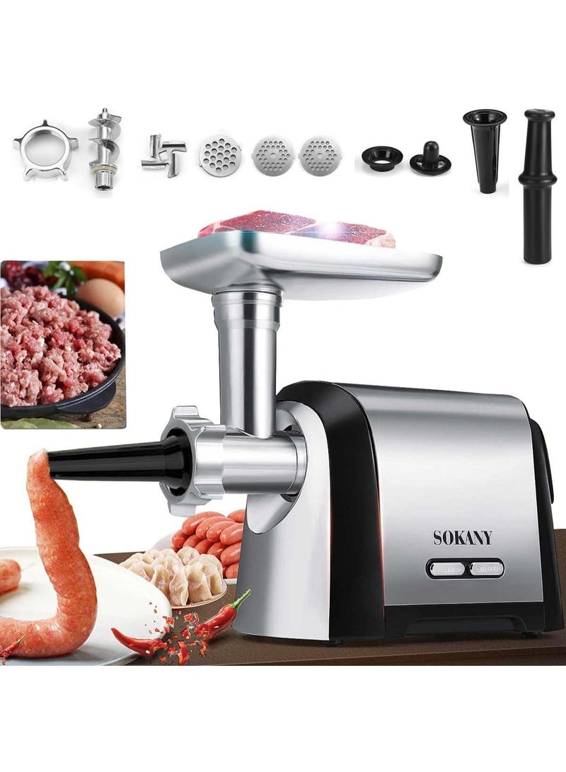 sokany 3200W Electric Meat Grinder 3 in 1 Professional Meat Mincer with 3 Stainless Steel Grinding Plates, 6.5L Capacity, Kubbe Sausage Accessory for Fast Grinding, Grinding Meat, Fish, Vegetables, Sausage Maker, Silver - Image 1