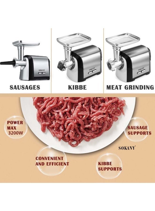 sokany 3200W Electric Meat Grinder 3 in 1 Professional Meat Mincer with 3 Stainless Steel Grinding Plates, 6.5L Capacity, Kubbe Sausage Accessory for Fast Grinding, Grinding Meat, Fish, Vegetables, Sausage Maker, Silver - Image 2