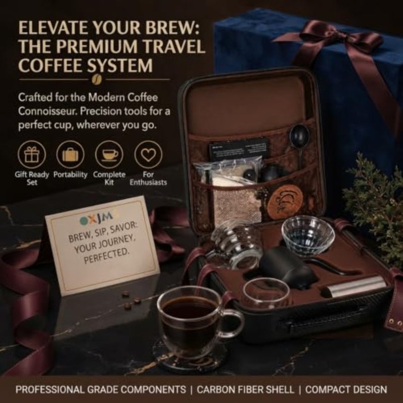 مجموعة صانع القهوة، V60 صب أكثر من مجموعات القهوة بالتنقيط، طقم القهوة المحمول مجموعات تقديم القهوة - طقم القهوة للسفر مع مطحنة - خادم - غلاية - مقياس مرشح وقمع تنقيط زجاجي، مجموعة الكل في حقيبة هدايا 15 في 1 - Image 2