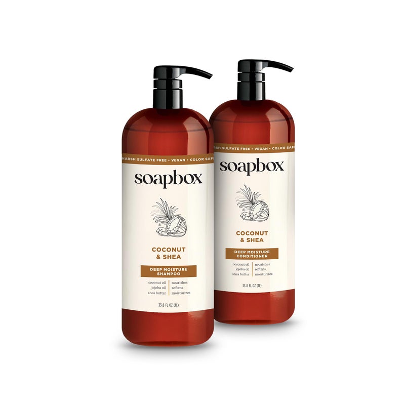 Soapbox Shampoo and Conditioner Set with Coconut Oil, Jojoba Oil, Aloe and Shea Butter to Moisturize and Nourish for All Hair Types, 1 Liter Each (Pack of 2) - Image 1